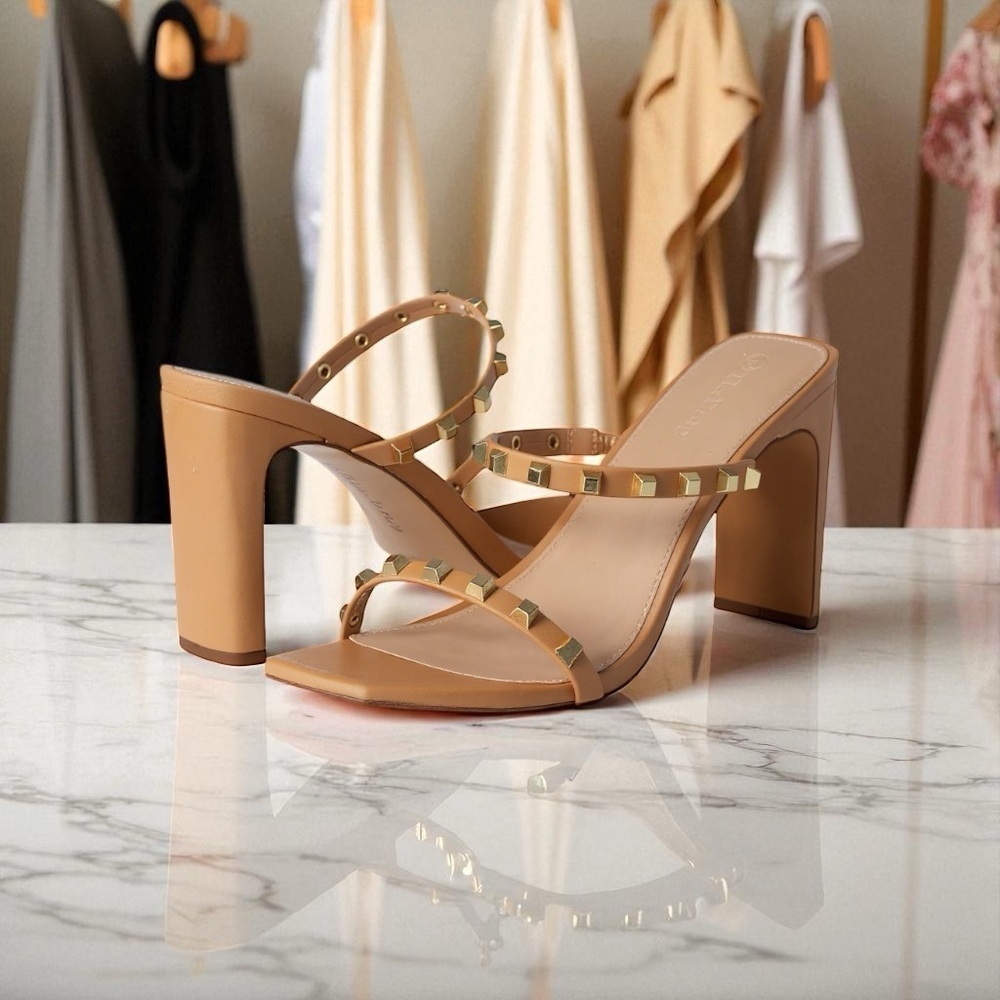 The Drop Women's Avery Square-Toe Two-Strap High Heeled Sandal, Nude Studded,